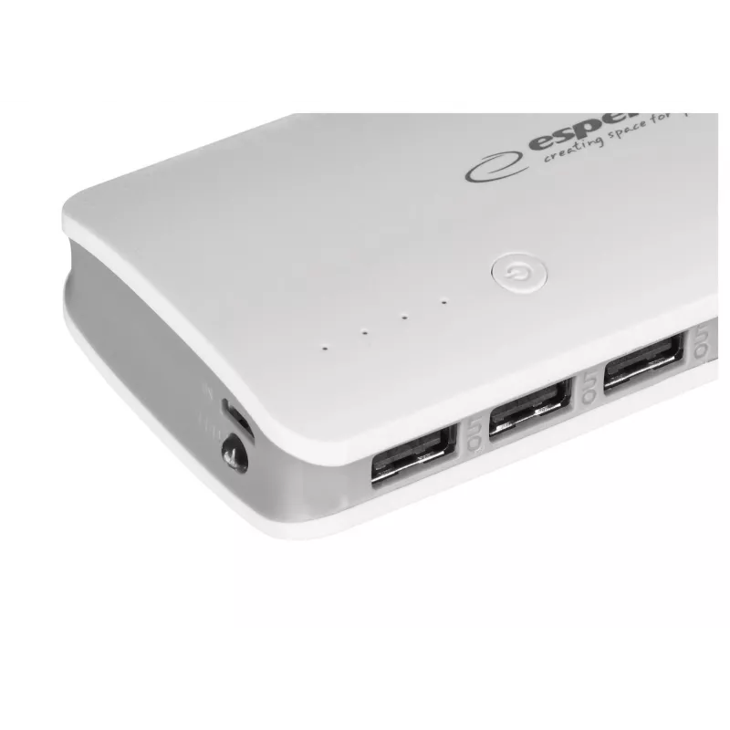 Cargador portátil Esperanza EMP106WE Radium — 8000 mAh, salida para 3 dispositivos, entrada Micro-USB, salidas 5V/2A y 5V/1,5A/1A, gris