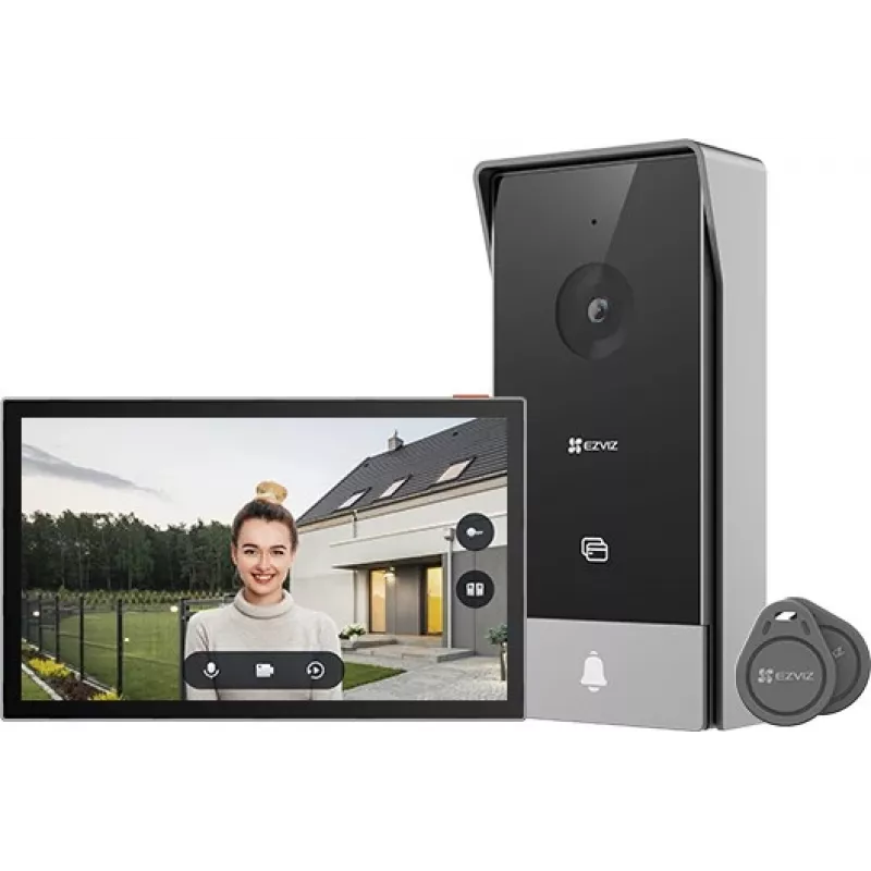 EZVIZ CS-HP5 videoportero, pantalla táctil de 7 pulgadas (17,8 cm), de 2 hilos, 1080p (2MP), Wi-Fi, acceso RFID, visión nocturna IR, resistente al agua, negro/plateado