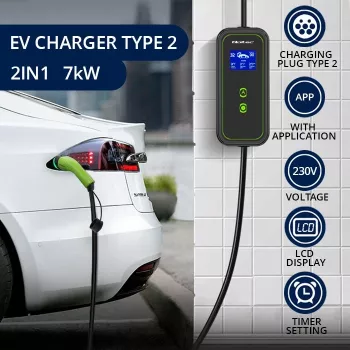 Cargador de coche EV móvil Qoltec ajustable 2en1 Type2 | 7kW | 230V | CEE 3 PIN | Wi-Fi | LCD | portátil | wallbox | 5m