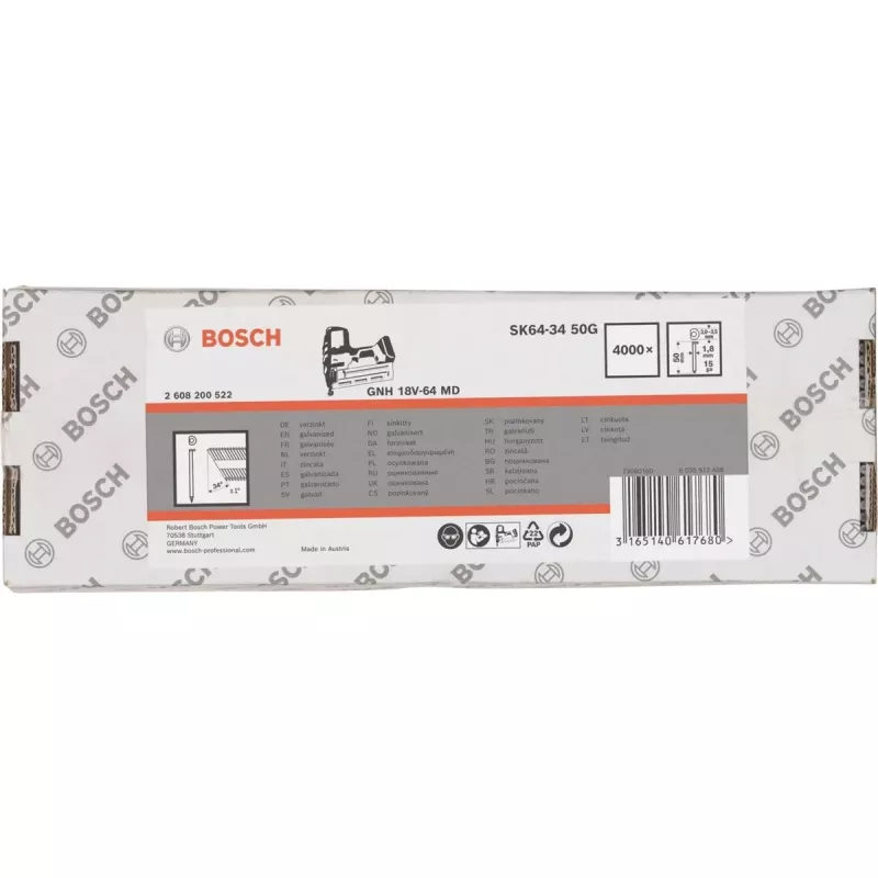 Clavos de cabeza avellanada Bosch SK64-34 34° 1,8 mm (15 ga) 4.000 uds. — para clavadoras neumáticas y de gas