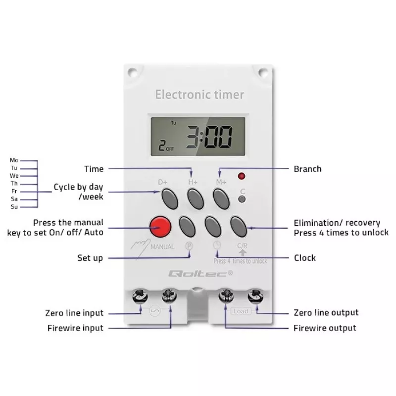 Temporizador electrónico para carril DIN QOLTEC PC0629 — alimentación 24V, salida 16A