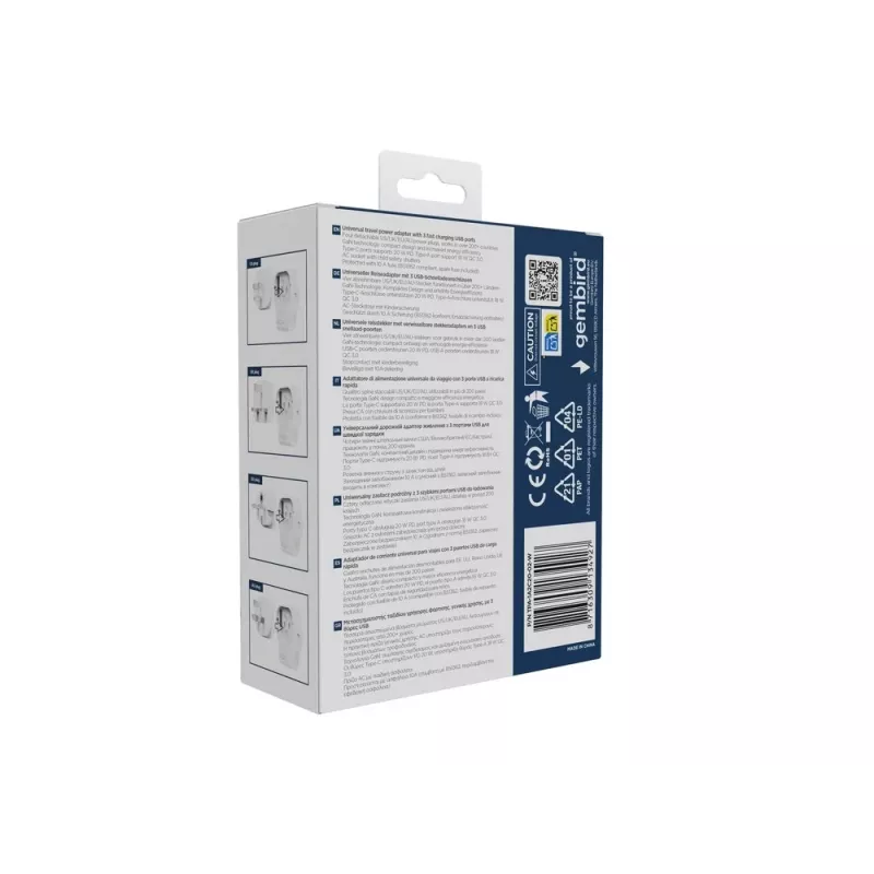 Adaptador de viaje de pared GEMBIRD TPA-1A2C20-02-W 20W — 1xUSB-A + 2xUSB-C, enchufe tipo G, 100–250 V, blanco
