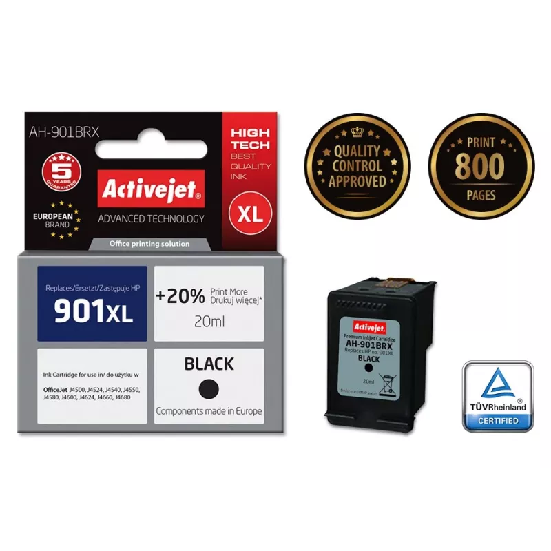 Activejet AH-901BRX Tinta (sustituto de HP 901XL CC654AE; Premium; 20 ml; negro)