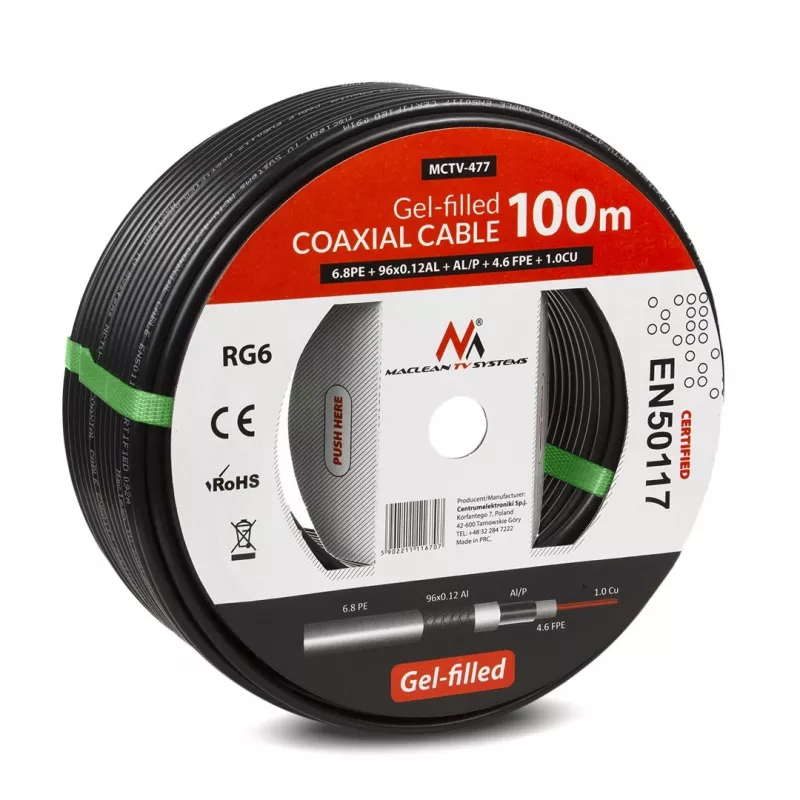 Cable coaxial MACLEAN MCTV-477 100 m negro 75 Ω, 50 pF, funda de 6,8 mm