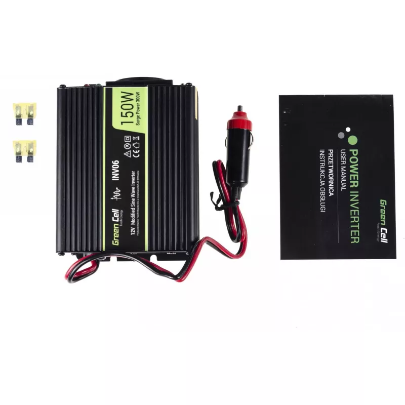 Adaptador inversor Green Cell INV06 12V a 230V 150W 50Hz conector Type-C macho, 85% de eficiencia, negro