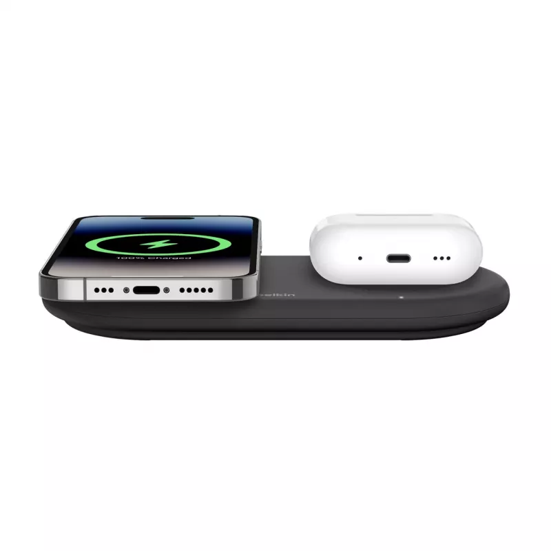 Belkin WIZ021VFBK – Estación de carga inalámbrica 2 en 1 con tecnología Qi2 15 W, negra