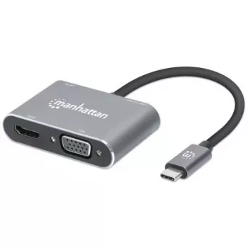 Manhattan Dock/Hub USB-C, puertos (x4): HDMI, USB-A, USB-C y VGA, con Power Delivery (PD) 87W – se requiere cargador USB-C externo (no incluido). Alimentado por USB (no requiere fuente de alimentación externa) cuando no se utiliza PD, aluminio