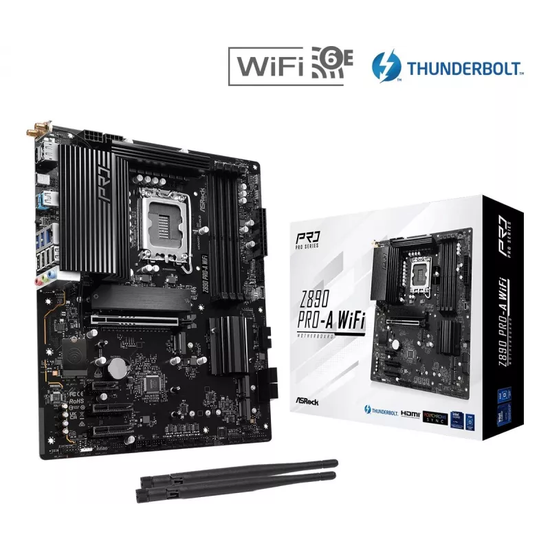 Placa base ASRock Z890 Pro-A WiFi — Intel Z890, LGA 1851, ATX, DDR5, 4x DIMM, 256GB, Wi-Fi 6E, 2.5Gb LAN