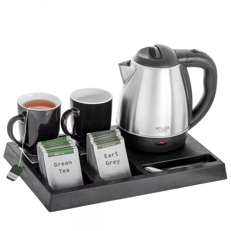 Adler AD 1354 hervidor de agua de hotel acero inoxidable 1,2 L + bandeja con tazas negro, acero