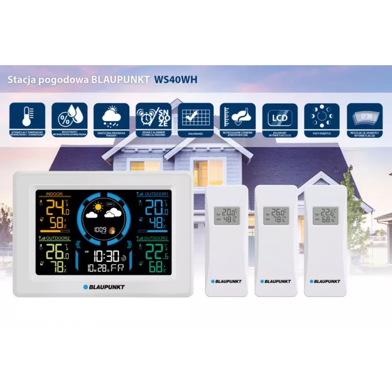 Estación meteorológica inalámbrica BLAUPUNKT WS40WH con monitor de temperatura y humedad interior/exterior
