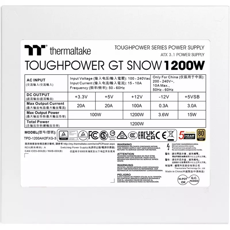 Fuente de alimentación 1200W Thermaltake Toughpower 80+G WH