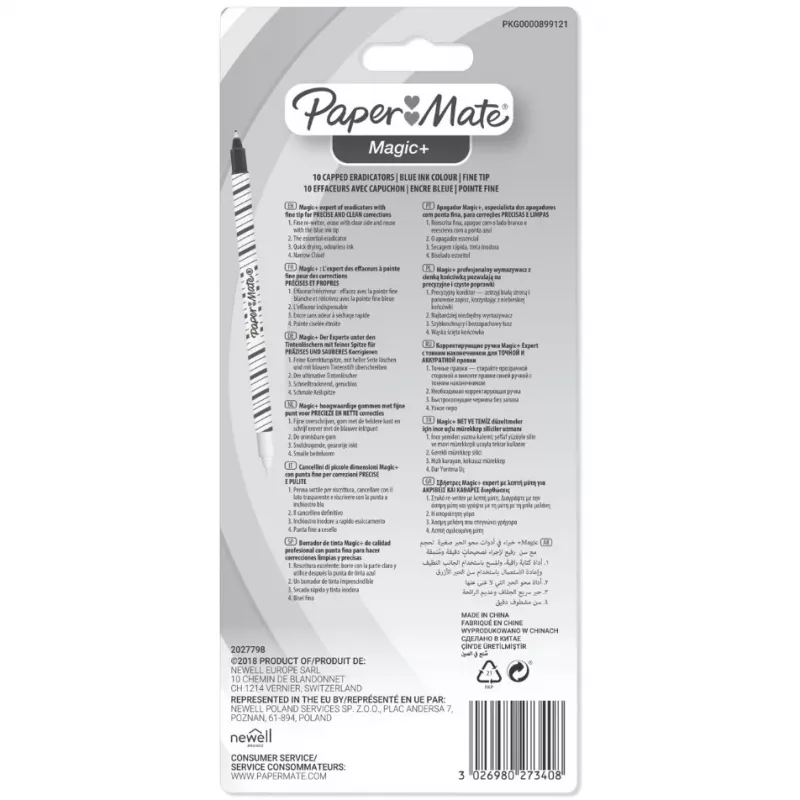 Paper Mate Magic+ bolígrafo borrador de tinta, fino, azul/blanco, 10 uds.