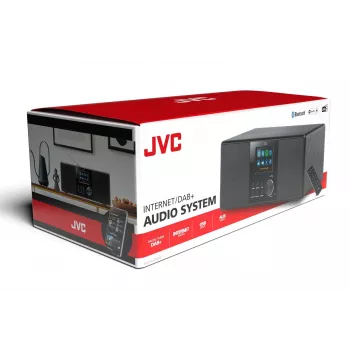 Radio por internet JVC RA-E981B — streaming Wi‑Fi y Bluetooth, DAB+, FM, 2x5W, 40 memorias de emisoras, USB, AUX, pantalla LCD