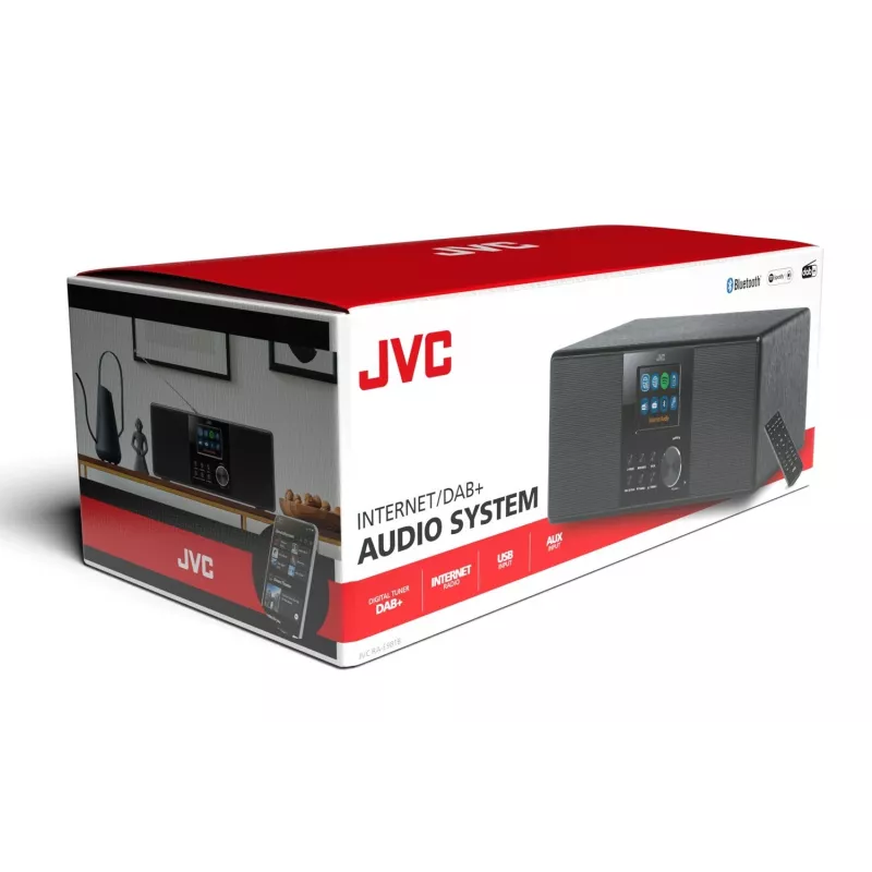 Radio por internet JVC RA-E981B — streaming Wi‑Fi y Bluetooth, DAB+, FM, 2x5W, 40 memorias de emisoras, USB, AUX, pantalla LCD