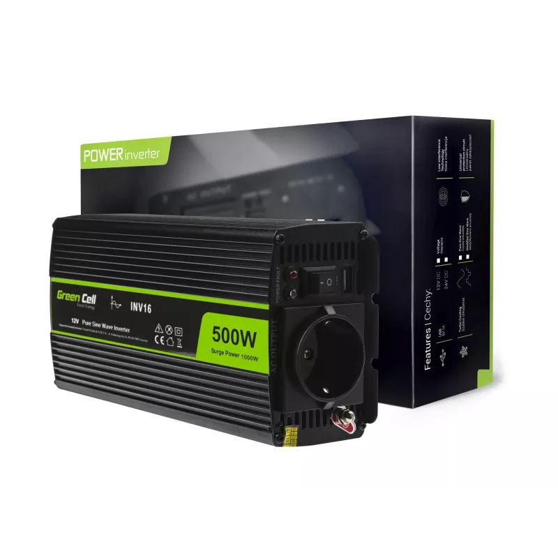 Inversor de coche Green Cell INV16 500 W DC 12 V a AC 230 V, 50 Hz, puerto USB, refrigeración activa, negro