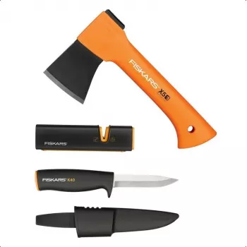 Set de hacha y cuchillo Fiskars 1057913 con afilador – kit de hacha de mano y cuchillo multiusos