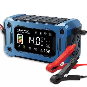 Cargador inteligente 12V 15A QOLTEC con microprocesador y LCD — para baterías AGM, GEL, SLA, EFB, LiFePO4