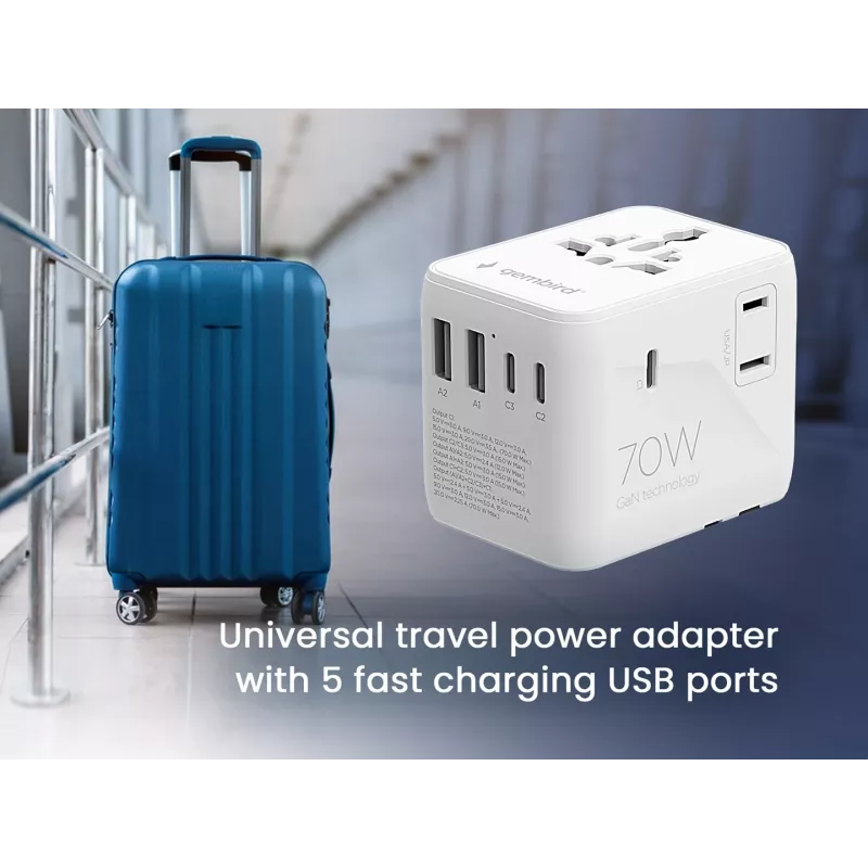 Gembird TPA-2A3C70-01-W adaptador de corriente de viaje universal, 3x USB-C, 2x USB-A, 70 W, GaN, blanco