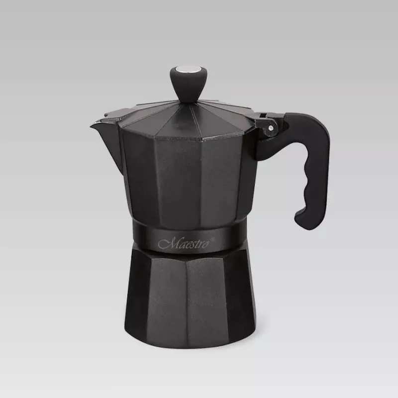 Cafetera moka Maestro MR-1666-3 negra, cafetera manual de aluminio para 3 tazas, 150 ml, negra