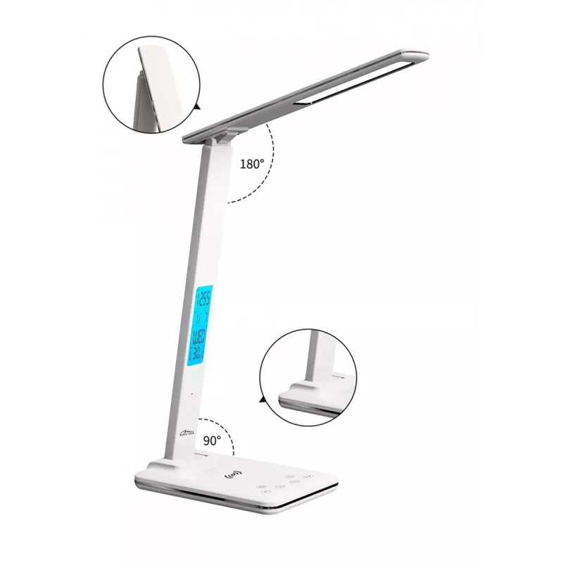 Media-Tech MT222 Leditou lámpara de escritorio LED con cargador inalámbrico Qi de 15 W, reloj, alarma, termómetro, blanca