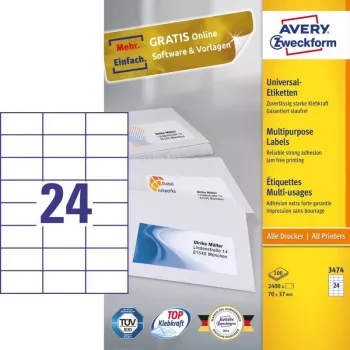 Etiqueta autoadhesiva rectangular Avery 3474 permanente blanca 2400 uds.