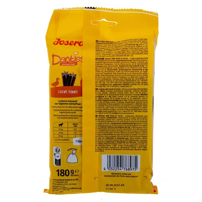JOSERA Denties pato con zanahoria - Snack para perros - 180g
