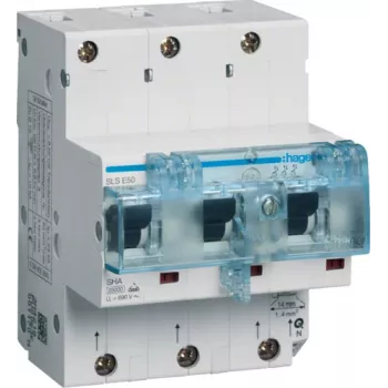 Hager HTN350E. Corriente nominal: 50 A. Número de módulos (máx.): 4,5 módulos. Ancho: 85 mm, Profundidad: 81 mm, Altura: 110 mm (HTN350E)