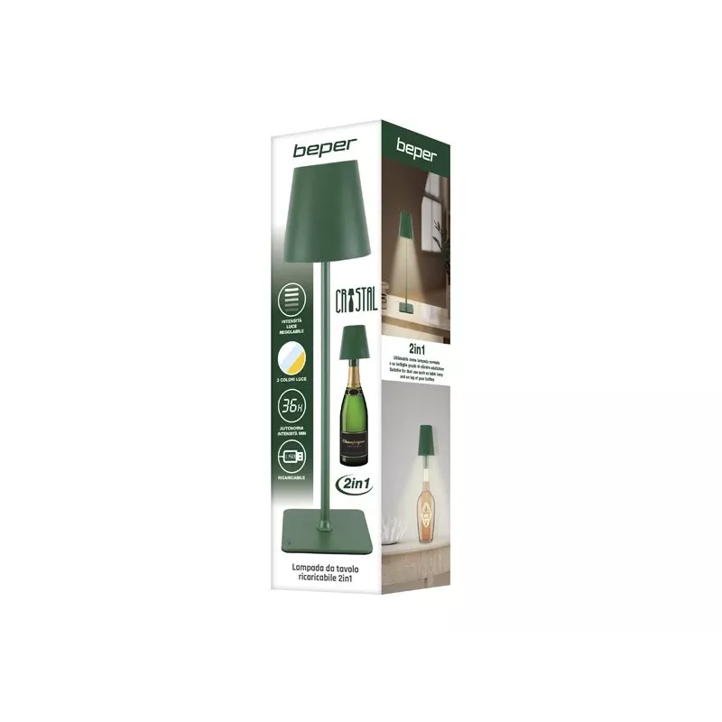 Beper P201UTP115 lámpara de mesa LED recargable, 1,5 W, interruptor táctil, regulable, adaptador para botella de 33 mm, resistente al agua, verde