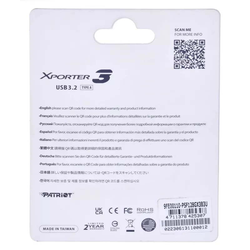 Memoria flash USB PATRIOT Xporter 128 GB USB Type-A 3.2 Gen 1 (80 MB/s) deslizante negra