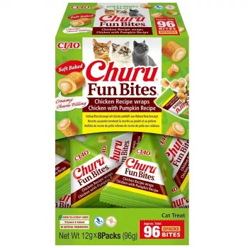 Snack de comida húmeda para gatos INABA Churu Fun Bites pollo y calabaza 8 x 12 g pasta, proteína 27,3 %, humedad 56 %