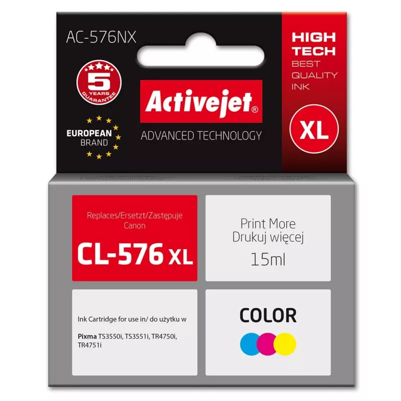 Cartucho de tinta ActiveJet AC-576NX compatible con Canon CL-576XL High (XL) Yield, a base de tinte amarillo/rojo/azul, 15 ml
