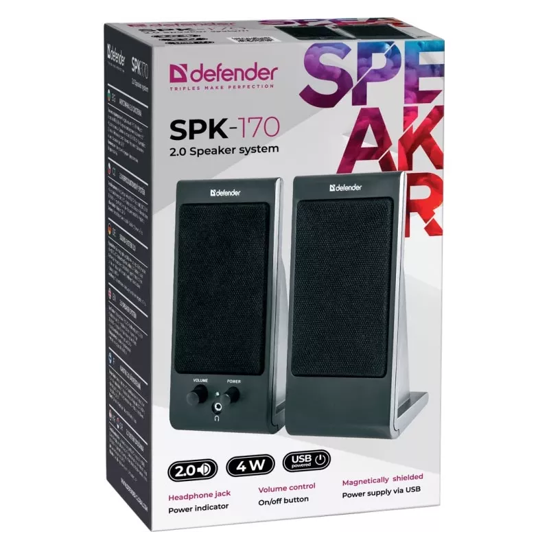 Altavoces de escritorio/estantería DEFENDER SPK-170 2.0, 4 W RMS, USB 5 V con cable, 3,5 mm, negro