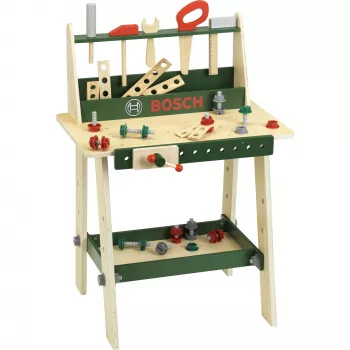 Banco de trabajo de madera para niños Theo Klein Bosch modelo 8169 con encimera de madera de pino de tamaño medio y herramientas de juguete
