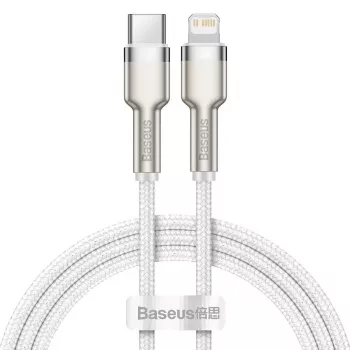 Cable USB-C a Lightning Baseus Cafule 1 m, 20 W, carcasa de zinc, blanco