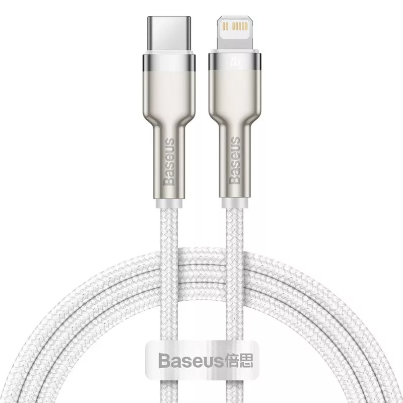 Cable USB-C a Lightning Baseus Cafule 1 m, 20 W, carcasa de zinc, blanco