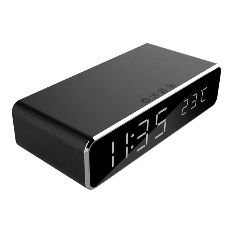Despertador digital GEMBIRD DAC-WPC-01 con pantalla LCD, carcasa de aluminio negra, alimentación por red