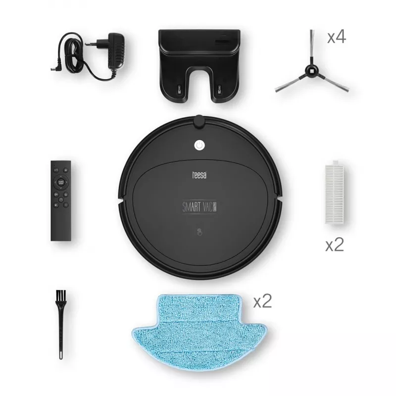 Robot aspirador TEESA Smart VAC 2 — redondo, negro, potencia de succión 1000 Pa, batería Li 9,6 V/2000 mAh, depósito de polvo 0,2 l, WLAN, retorno automático