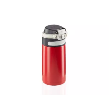 Vaso térmico Leifheit 03245 acero inoxidable 350 ml, doble pared, a prueba de fugas, tapa abatible, negro/rojo