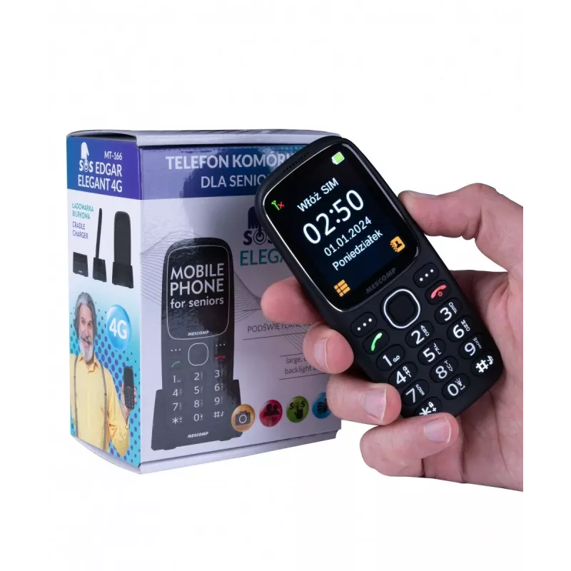Teléfono móvil Mescomp MT-166 Edgar, Elegante, para mayores, 4G, Negro