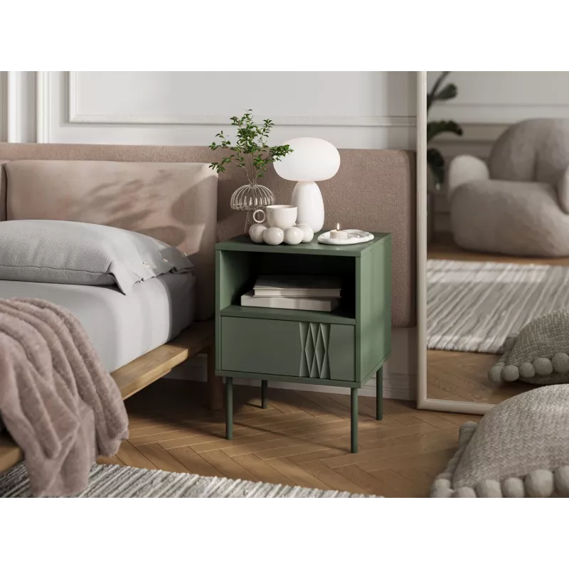Mesita de noche cama meble TRESSE 44×40×53 cm verde mate, 1 cajón, set de 2