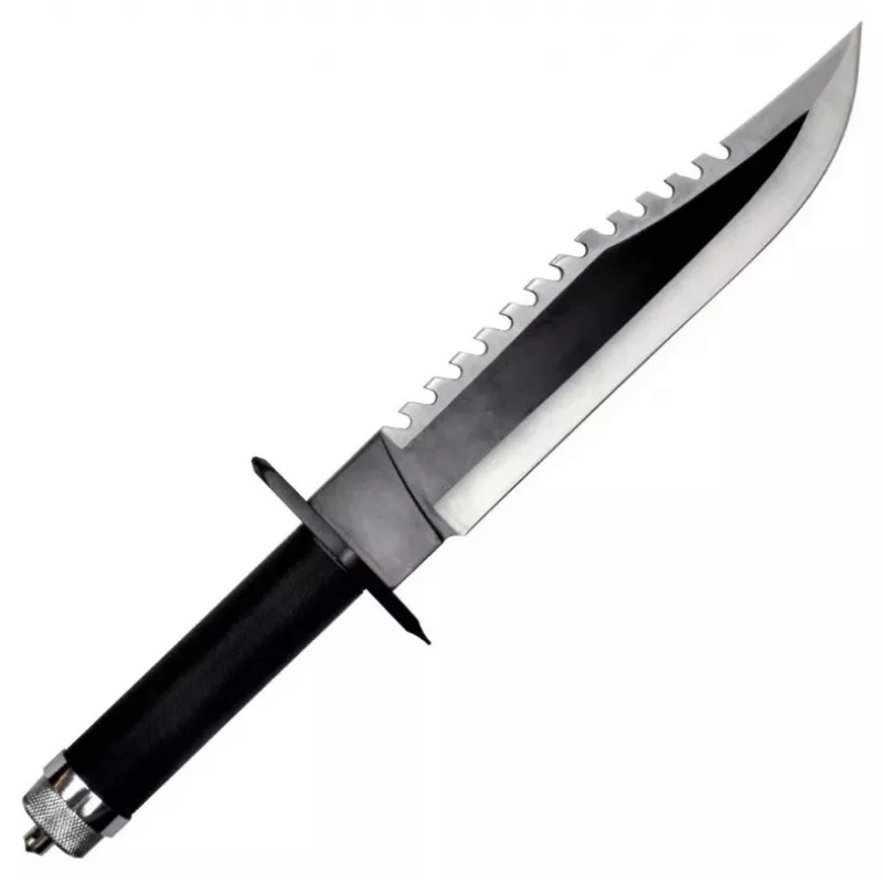Cuchillo de supervivencia fijo Cinema Classic CC-H2 — 400 mm de longitud total, hoja de acero 250 mm, lisa y dentada, empuñadura negra, incluye funda de cuero