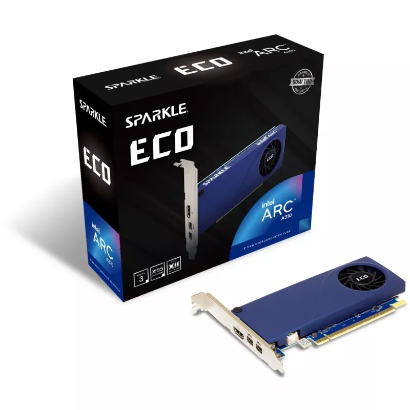 Tarjeta gráfica Sparkle Intel Arc A310 ECO SA310C-4G, 4 GB GDDR6, 64 bits, PCIe 4.0 x8, 1000 MHz, perfil bajo, 1 ventilador