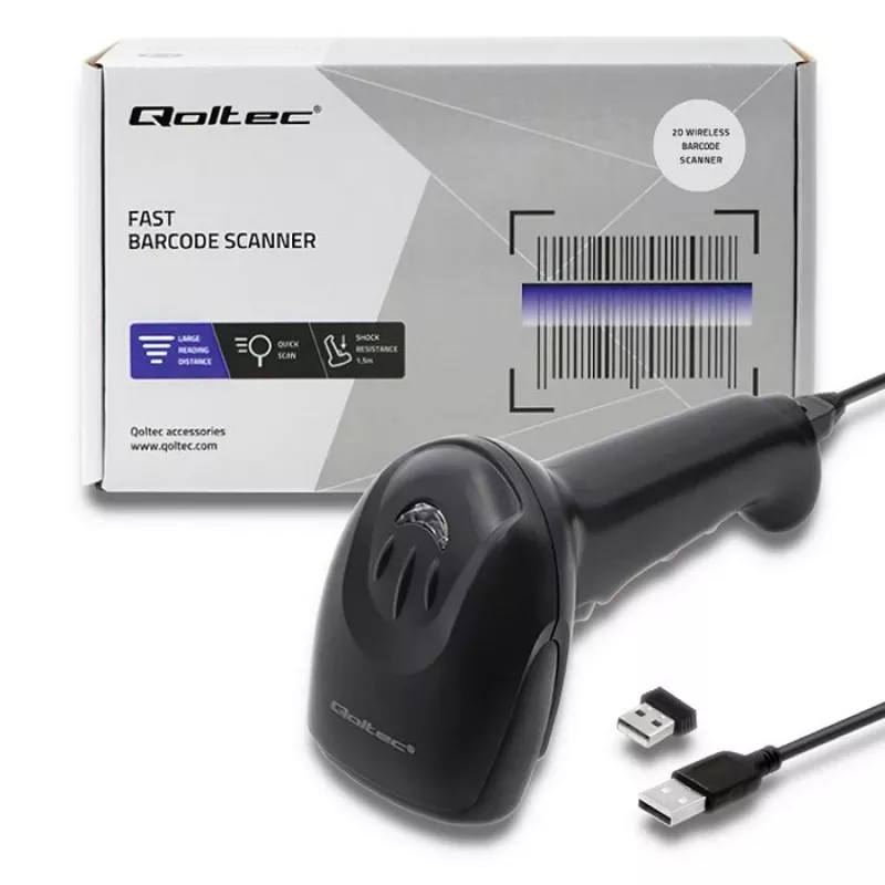 Lector de códigos de barras de mano QOLTEC 50868 — escáner láser 1D/2D, USB con cable e inalámbrico, distancia de trabajo 600 mm, negro