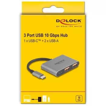 DELOCK 64337 Hub USB — host USB 3.2 Gen 2 Type-C, 3 puertos (Type-C + 2× Type-A), 10 Gbit/s, gris, carcasa de metal