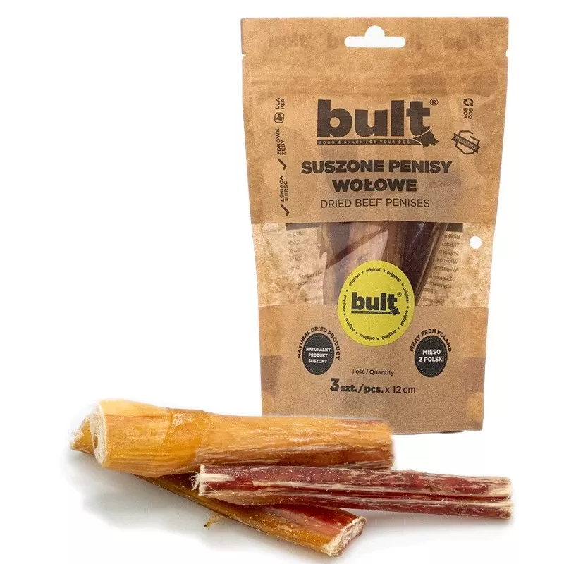 Snacks masticables para perros BULT penes de ternera secos, pack de 3 — snacks masticables hipoalergénicos de un solo ingrediente, 200 g, perros adultos