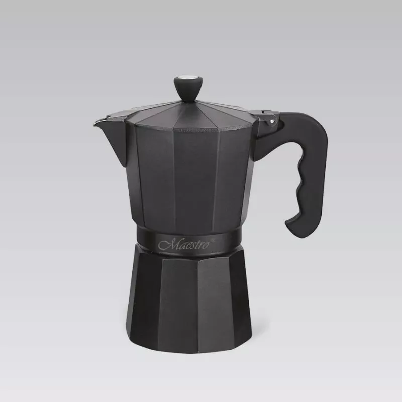Cafetera moka Maestro MR-1666-6 negra — cafetera espresso manual para fogones, 6 tazas, 300 ml, aluminio negro