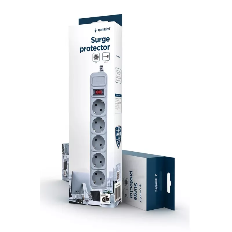 Gembird SPG3-B-15C protector contra sobretensiones, 5 tomas Schuko, 4,5 m, gris