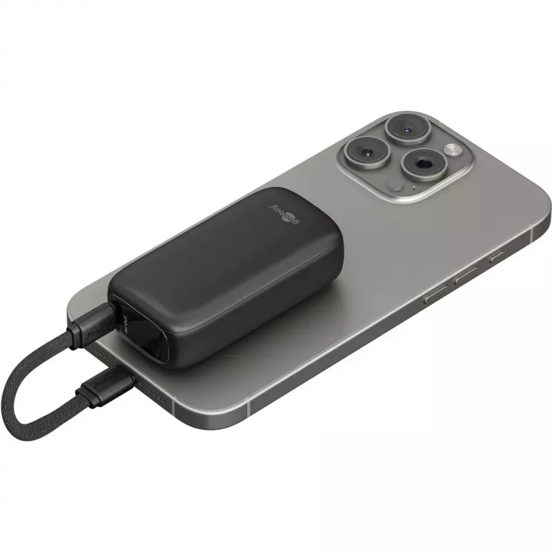 Batería externa 5.000 mAh, cable USB-C integrado de 13 cm, 20 vatios (negro, 5 Ah, 1x USB-A, 1x USB-C, PD, QC)