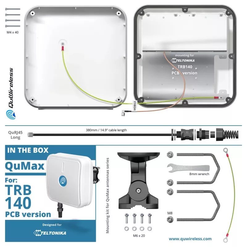 QuWireless QuMax A140M-A antena LTE direccional para Teltonika TRB140, PoE/LAN, 6 dBi, IP67, blanca
