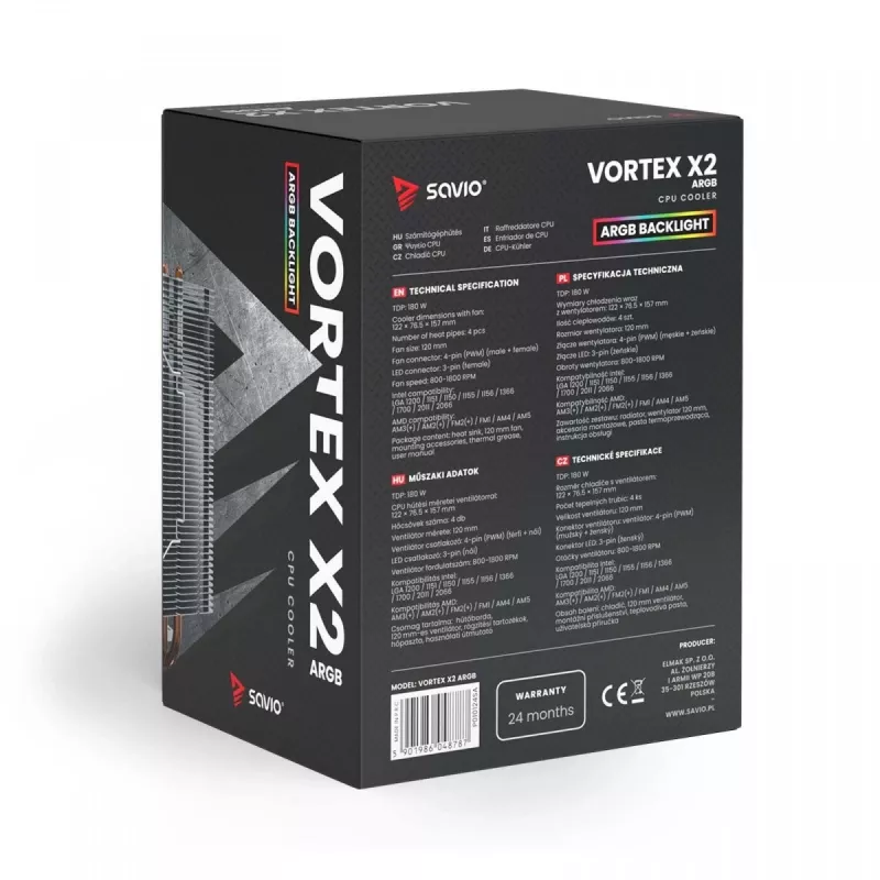 Disipador de CPU por aire SAVIO SAVGCOVORTEXX2ARGB con 4 heatpipes, ventilador ARGB de 120 mm, negro